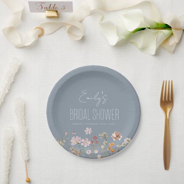 Dusty Blue Wildflower Boho Bridal Shower In Bloom Paper Plate (Wedding)