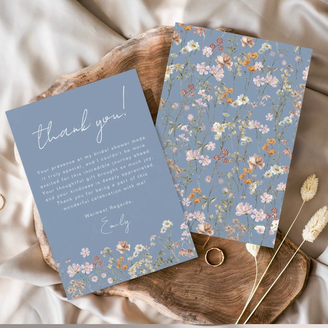 Dusty Blue Wildflower Boho Bridal Shower Thank You Card (Creator Uploaded)