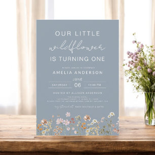 Dusty Blue Wildflower Boho Chic First Birthday Invitation