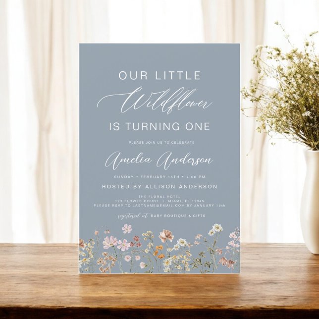 Dusty Blue Wildflower Boho First 1st Birthday  Invitation (Creator Uploaded)