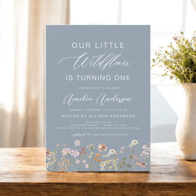 Dusty Blue Wildflower Boho First 1st Birthday  Invitation (Creator Uploaded)