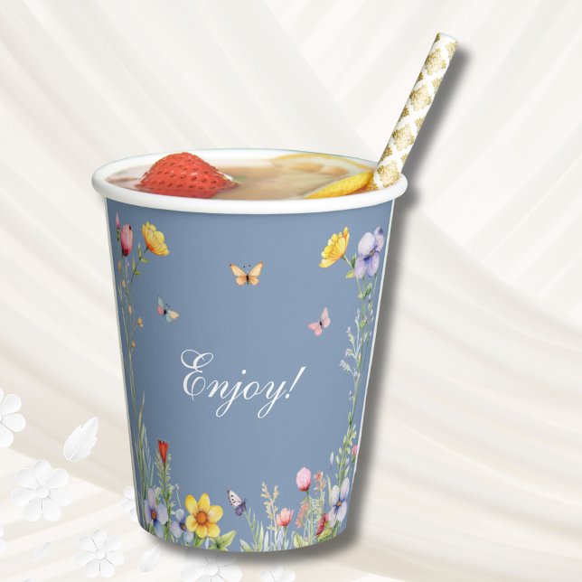 Dusty Blue Wildflower Boho Floral Bridal Shower Paper Cups (Creator Uploaded)