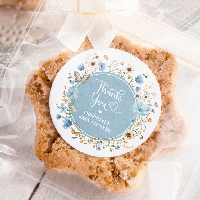 Dusty Blue Wildflower Boy Baby Shower Classic Round Sticker (Creator Uploaded)