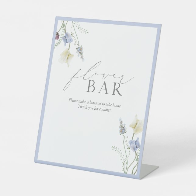 Dusty Blue Wildflower Bridal Shower Flower Bar Pedestal Sign (Front)