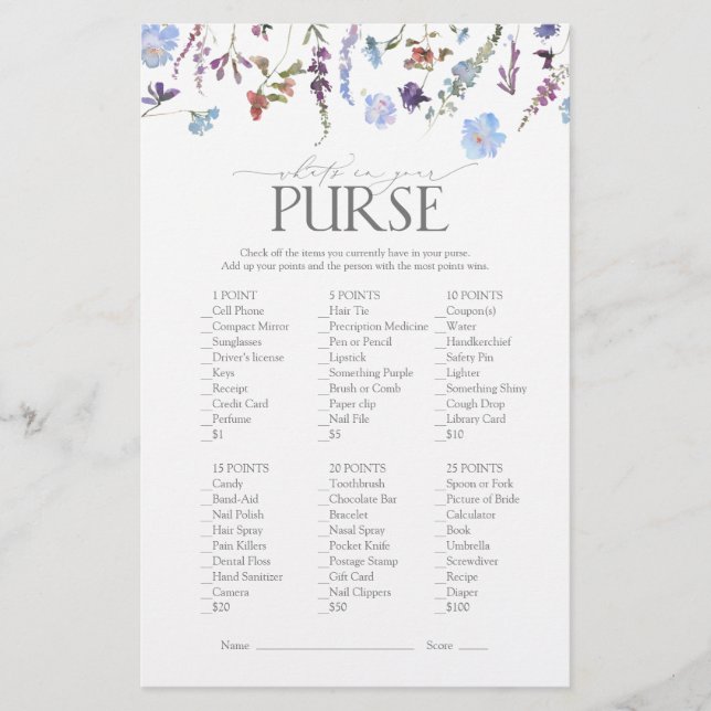 Dusty Blue Wildflower Bridal Shower Game (Front)