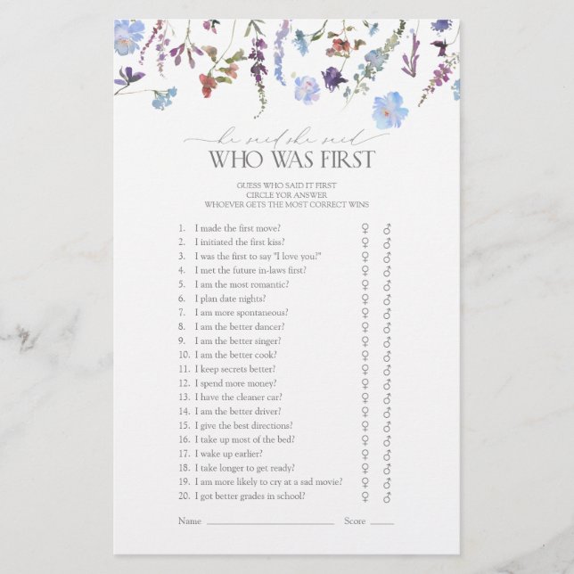 Dusty Blue Wildflower Bridal Shower Game (Front)