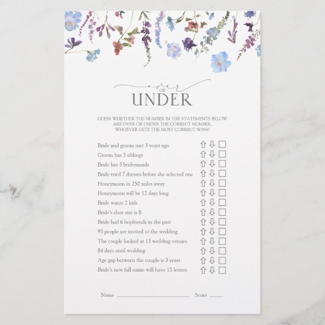 Dusty Blue Wildflower Bridal Shower Game (Front)