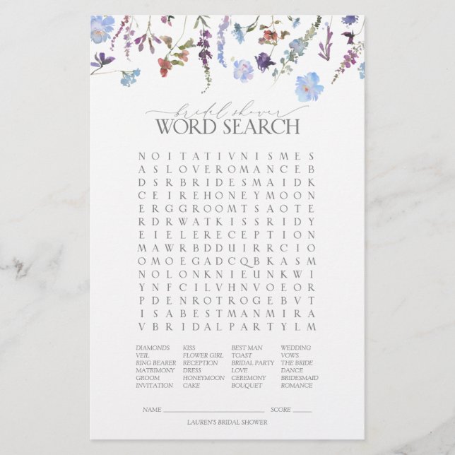 Dusty Blue Wildflower Bridal Shower Game (Front)