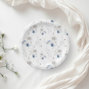Dusty Blue Wildflower Bridal Shower Paper Plate