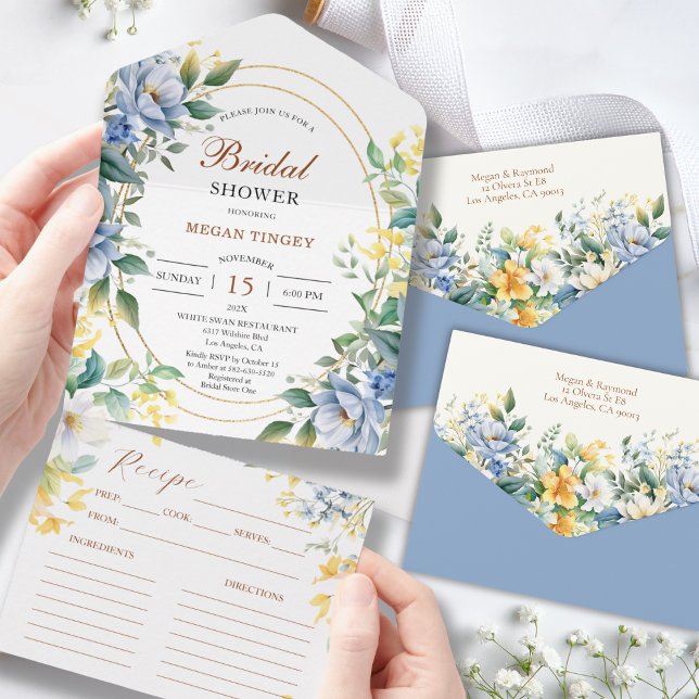 Dusty Blue Wildflower Bridal Shower Recipe  All In One Invitation (Creator Uploaded)