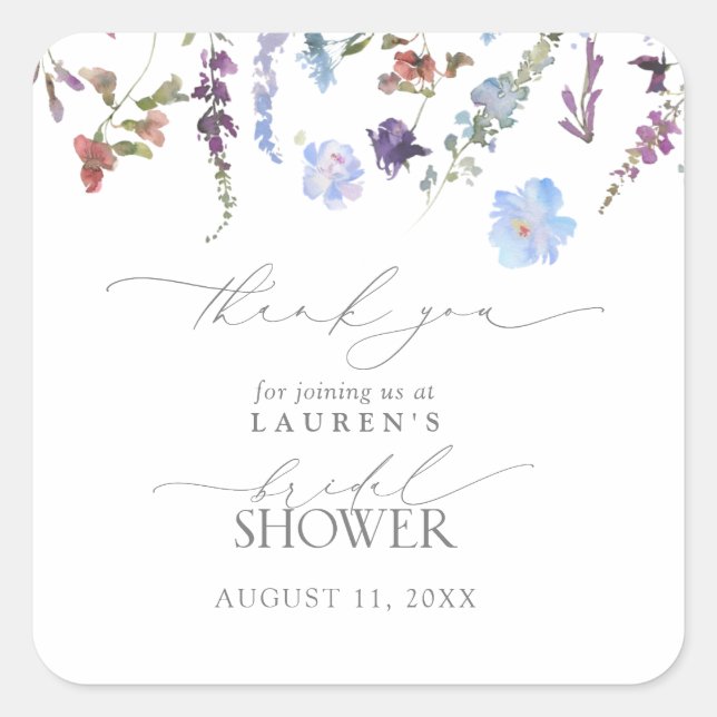 Dusty Blue Wildflower Bridal Shower Thank You Square Sticker (Front)