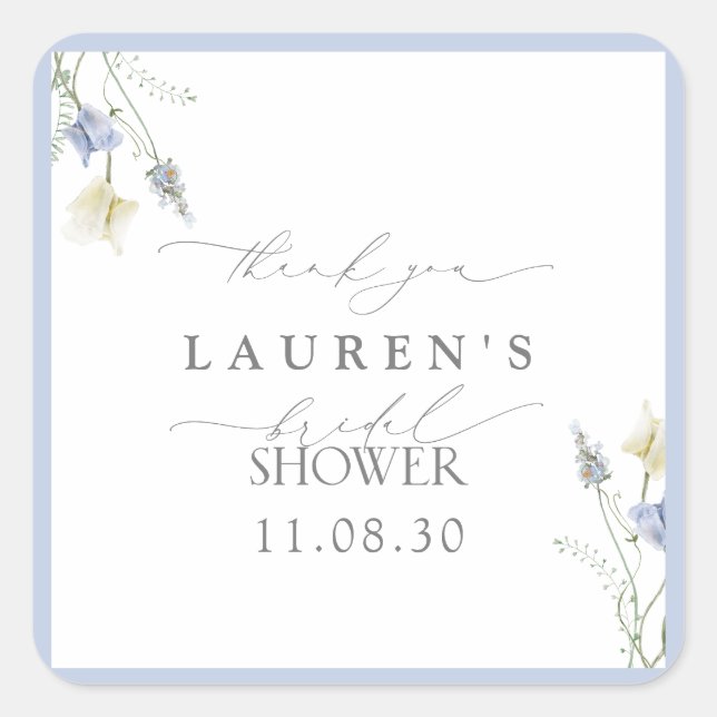 Dusty Blue Wildflower Bridal Shower Thank You Square Sticker (Front)