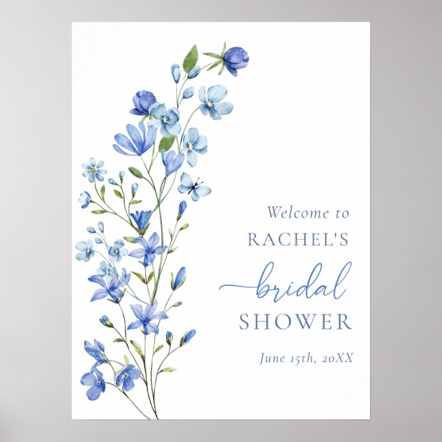 Dusty Blue Wildflower Bridal Shower Welcome Sign (Front)