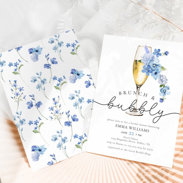 Dusty Blue Wildflower Brunch Bubbly Bridal Shower Invitation (Creator Uploaded)