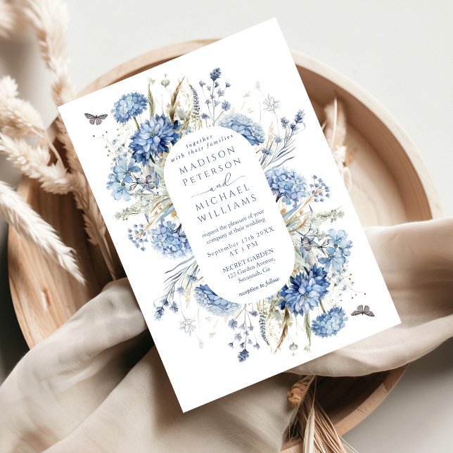 Dusty Blue Wildflower & Butterfly Wedding Invitation (Creator Uploaded)
