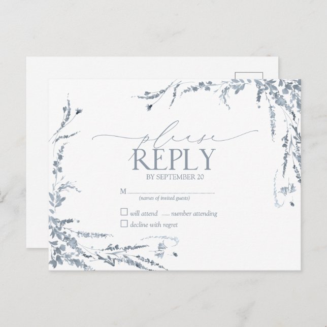 Dusty Blue Wildflower Calligraphy Wedding RSVP Invitation Postcard (Front/Back)