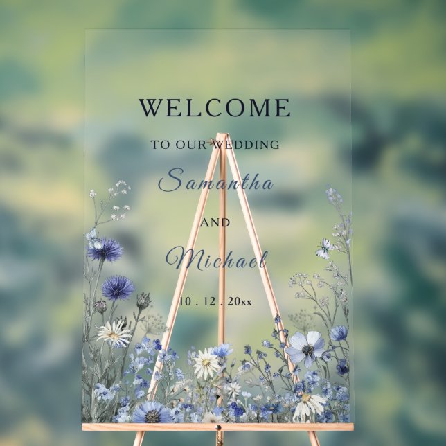 Dusty Blue Wildflower Clear Acrylic Welcome Sign (Neutral)