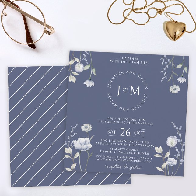 Dusty blue wildflower elegant Monogram Wedding Invitation (Creator Uploaded)