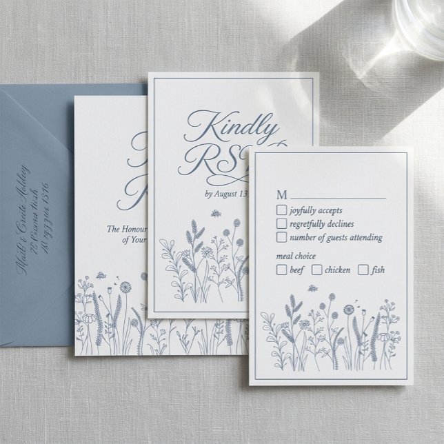 Dusty Blue Wildflower Elegant Script Wedding RSVP  Card (Creator Uploaded)