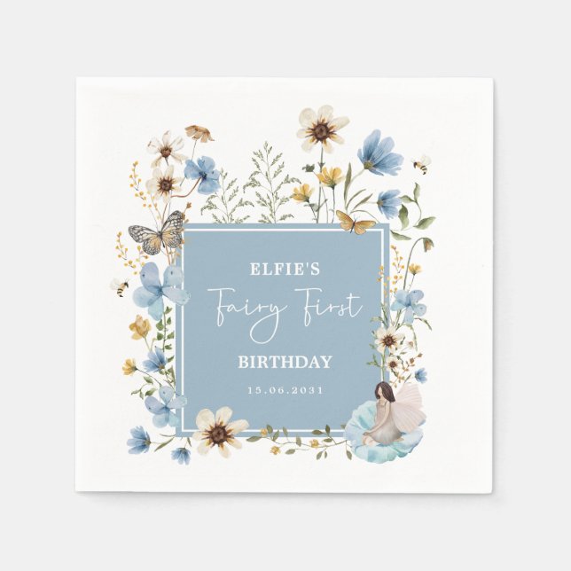 Dusty Blue Wildflower Fairy Fairy Girl Birthday Napkin (Front)