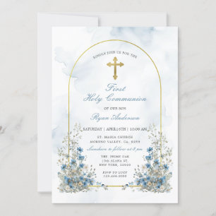 Dusty Blue Wildflower First Holy Communion  Invitation