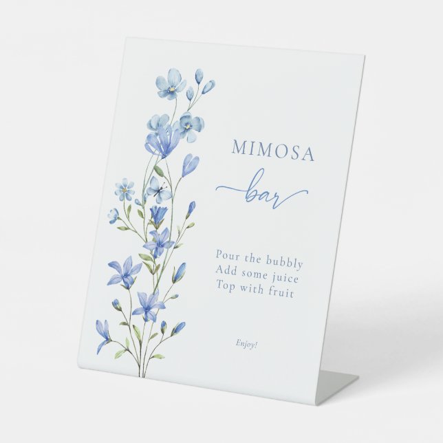 Dusty Blue Wildflower Floral Bouquet Mimosa Bar Pedestal Sign (Front)