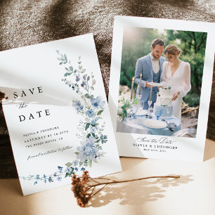 Dusty Blue Wildflower Floral Photo Back Wedding Save The Date