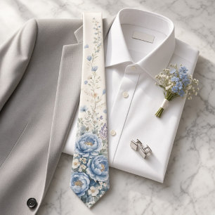 Dusty Blue Wildflower Floral Spring Wedding Men's Tie