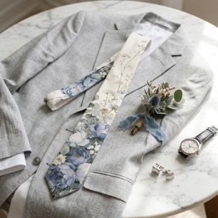 Dusty Blue Wildflower Floral Spring Wedding Men's Tie