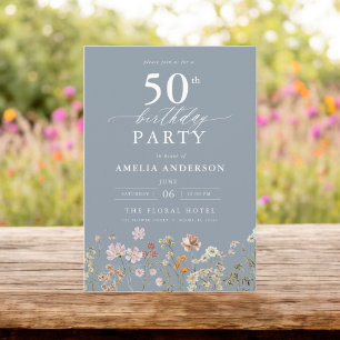 Dusty Blue Wildflower Garden Floral 50th Birthday Invitation