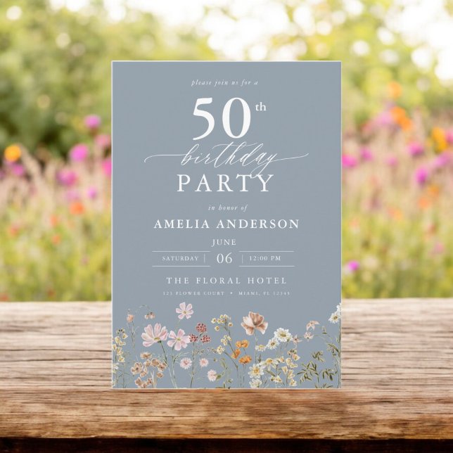Dusty Blue Wildflower Garden Floral 50th Birthday Invitation (Creator Uploaded)