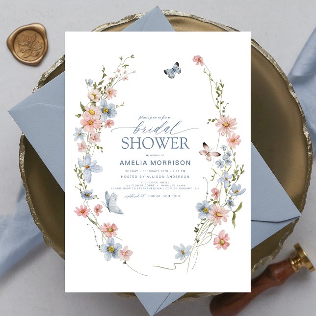Dusty Blue Wildflower Garden Vintage Bridal Shower Invitation (Creator Uploaded)