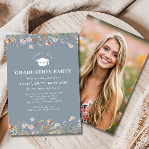 Dusty Blue Wildflower Graduation Party Boho Bloom Invitation