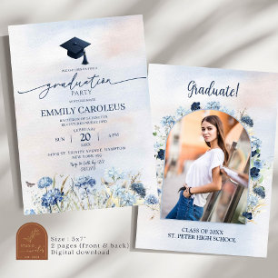Dusty Blue Wildflower Graduation With Photo Invitation