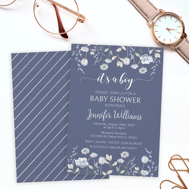 Dusty blue wildflower its a boy baby shower invitation (Creator Uploaded)
