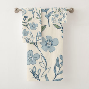 Dusty Blue Wildflower Meadow Botanical Pattern Bath Towel Set