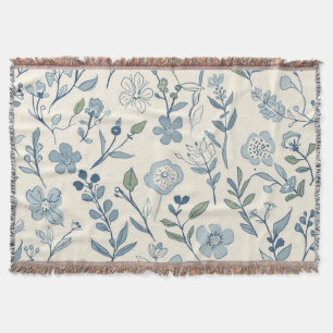 Dusty Blue Wildflower Meadow Botanical Pattern Throw Blanket