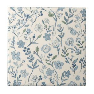 Dusty Blue Wildflower Meadow Botanical Pattern Tile