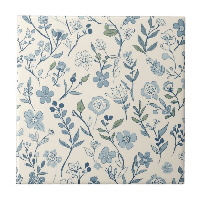 Dusty Blue Wildflower Meadow Botanical Pattern Tile (Front)