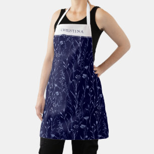 Dusty Blue Wildflower Pattern Personalised Navy Apron