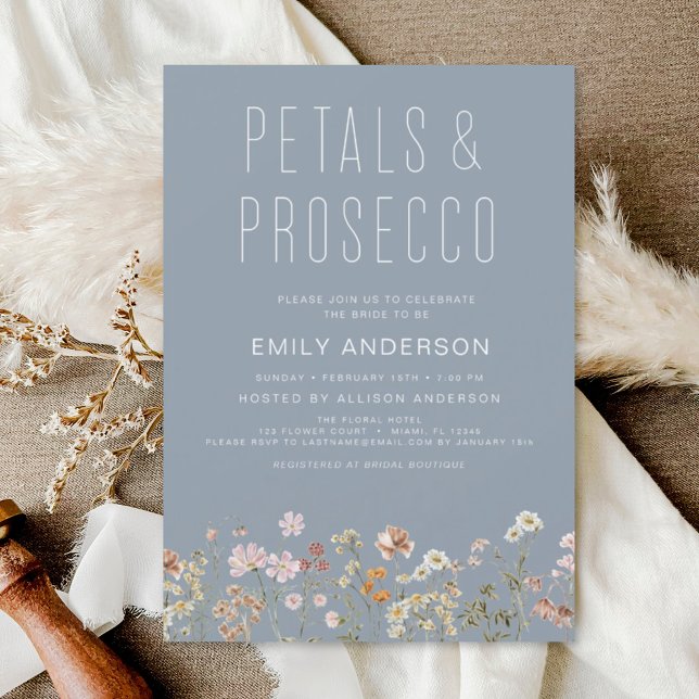Dusty Blue Wildflower Petals & Prosecco Invitation (Creator Uploaded)