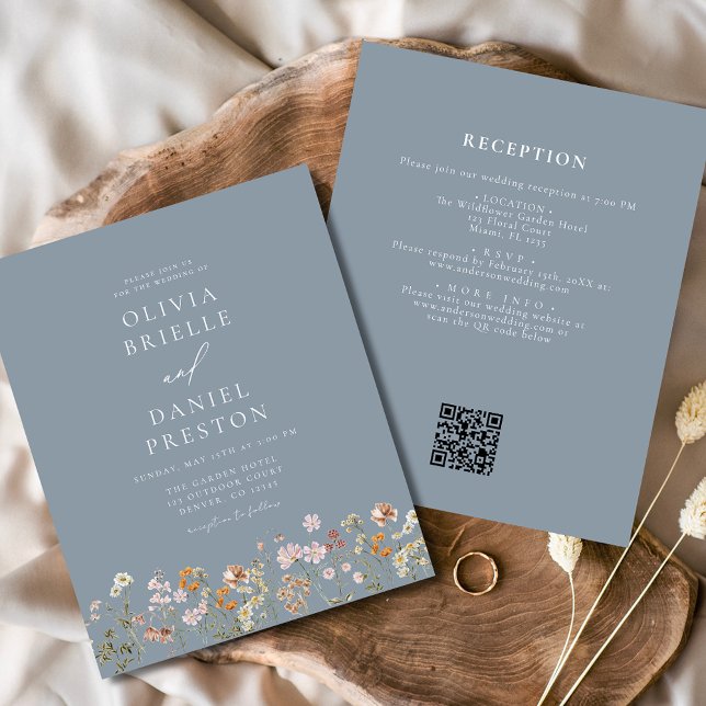 Dusty Blue Wildflower  QR Code Garden Wedding Flyer (Creator Uploaded)