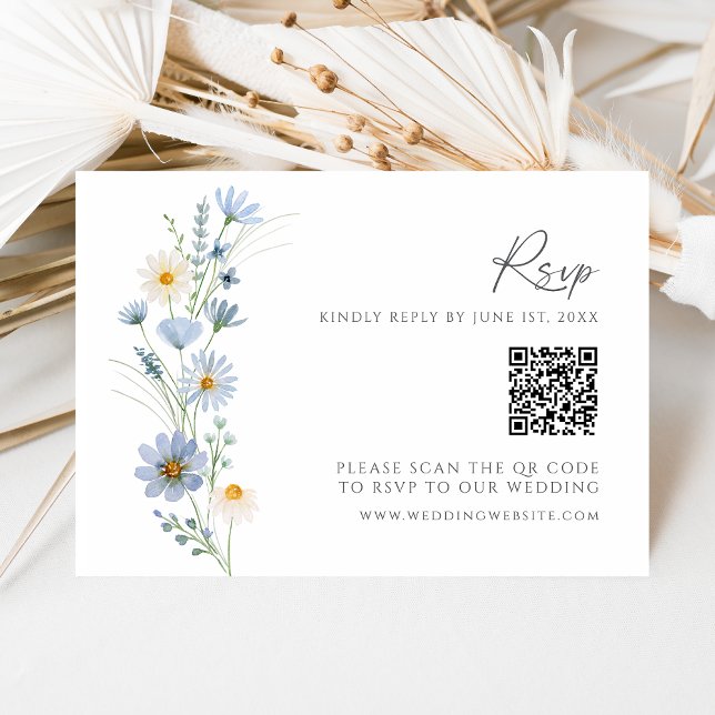 Dusty Blue Wildflower QR Code Wedding RSVP Card (Creator Uploaded)