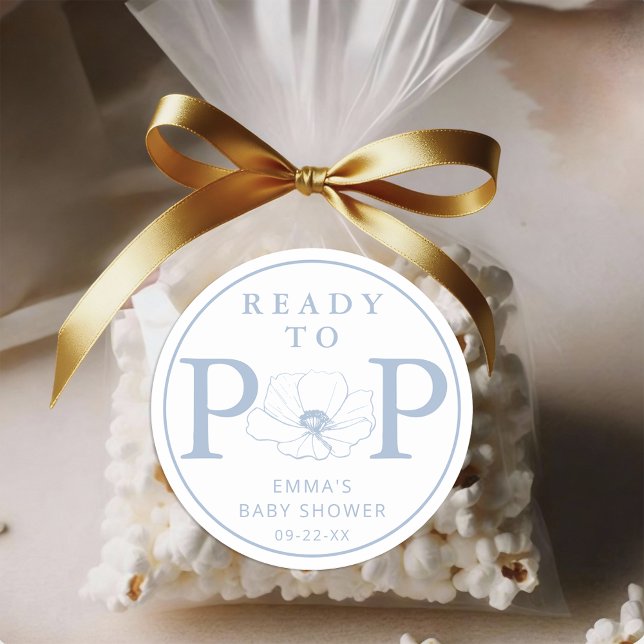 Dusty Blue Wildflower Ready to Pop Baby Shower  Classic Round Sticker (Ready To Pop - Dusty Blue Baby Shower Sticker)