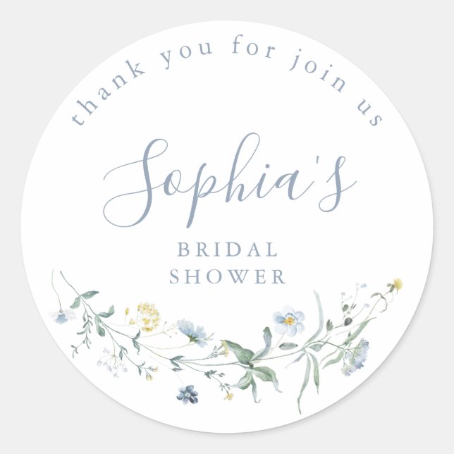 Dusty Blue Wildflower Rustic Boho Bridal Shower  Classic Round Sticker (Front)