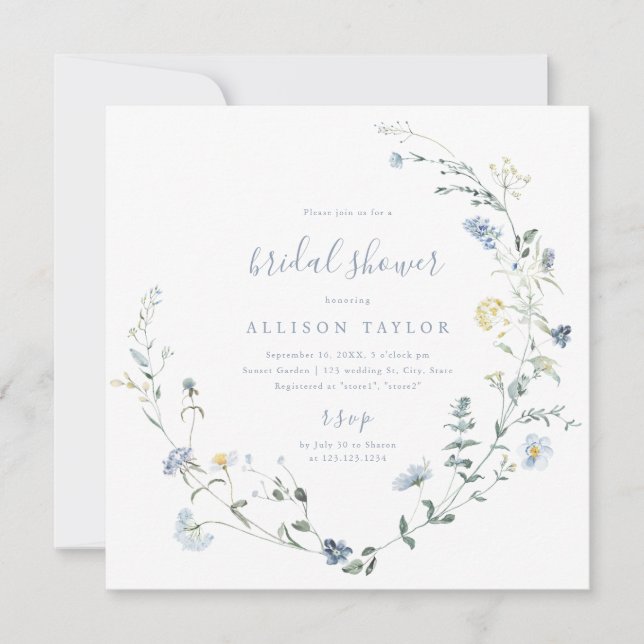 Dusty Blue Wildflower Rustic Boho Bridal Shower  Invitation (Front)