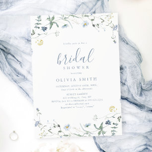 Dusty Blue Wildflower Rustic Boho Bridal Shower  Invitation