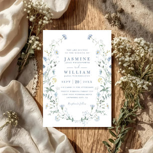Dusty Blue Wildflower Rustic Boho QR Code Wedding Invitation