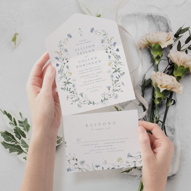Dusty Blue Wildflower Rustic Boho Wedding monogram All In One Invitation (Dusty Blue Wildflower Rustic Boho Wedding monogram All In One Invitation)