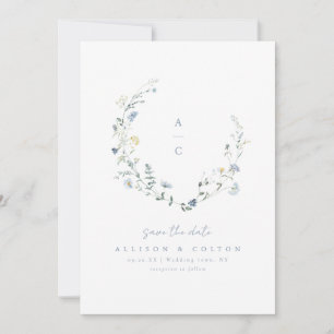 Dusty Blue Wildflower Rustic Boho Wedding monogram Save The Date